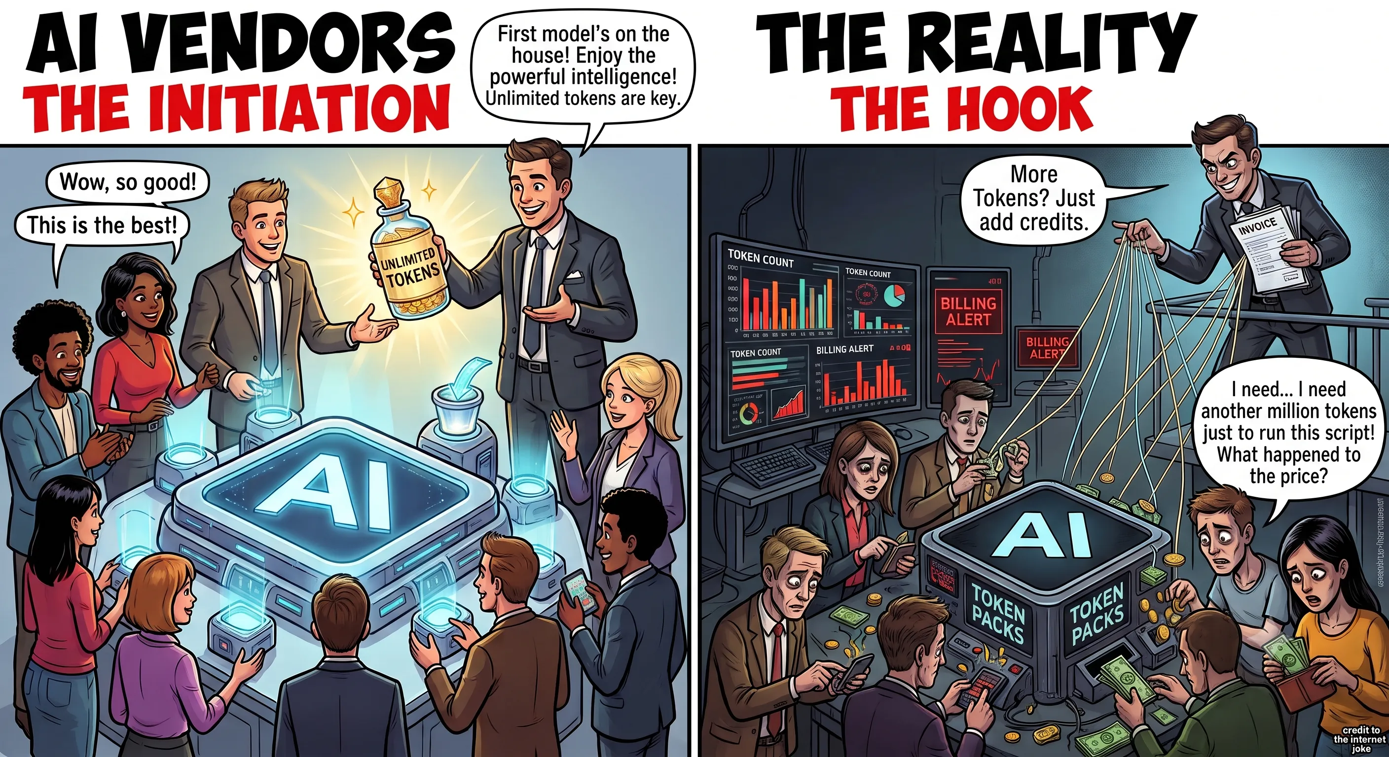 Two-panel illustration: The Initiation vs The Hook